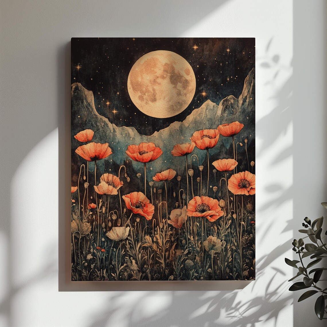 Full Moon Over Red Poppy Field Mountain Night Landscape Poster - Image 3