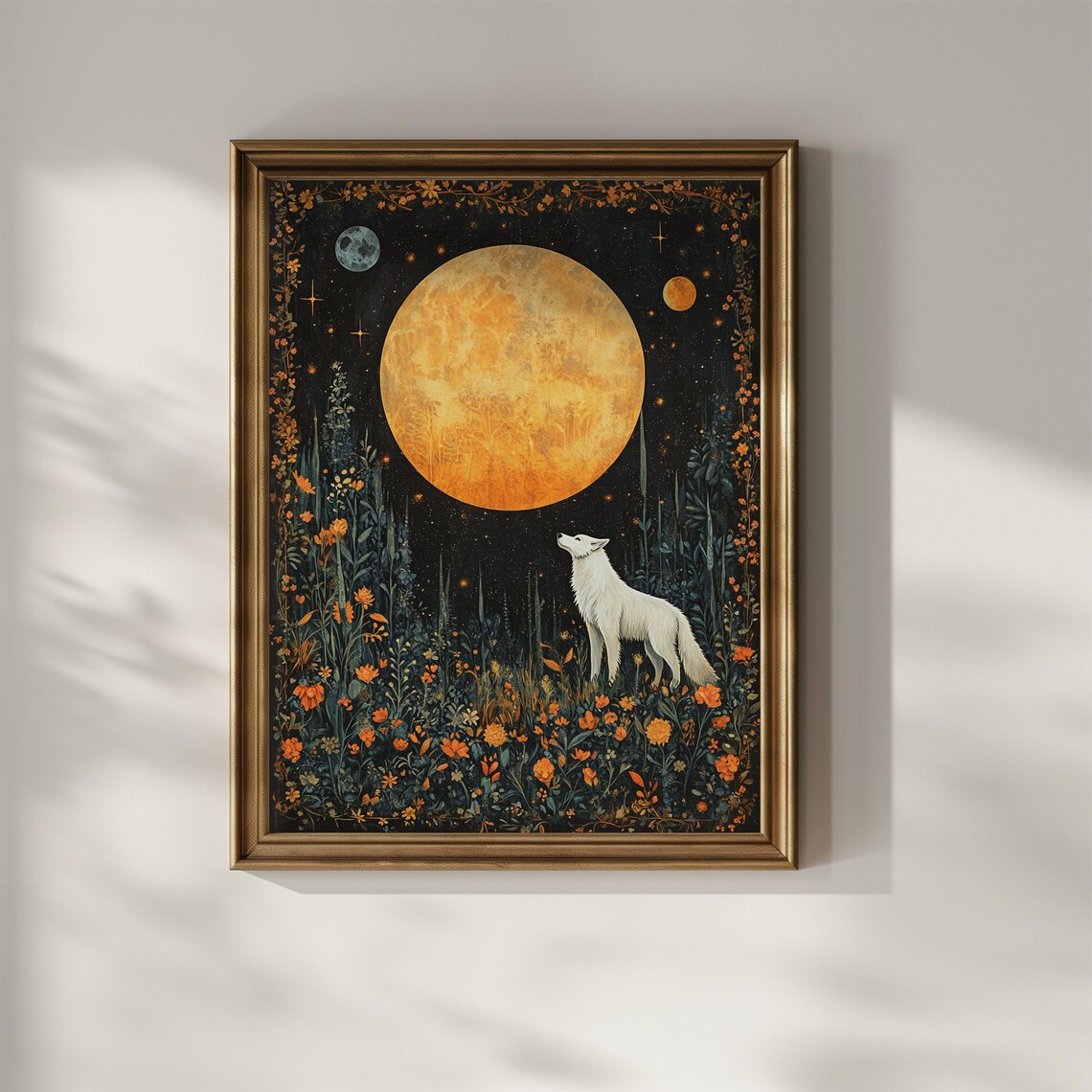 White Wolf Full Moon Celestial Art Deco Poster - Image 3