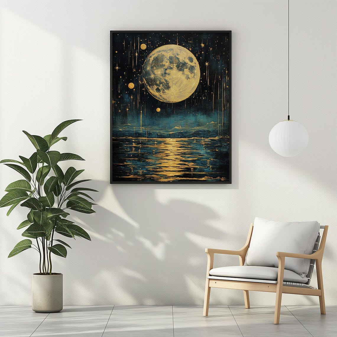 Golden Full Moon Reflection on Ocean Falling Stars Night Poster - Image 2