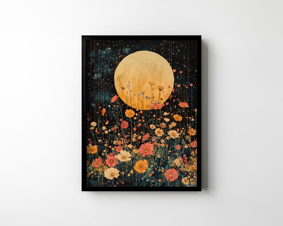 Golden Moon Over Wildflower Meadow Starry Night Garden Poster - Image 2