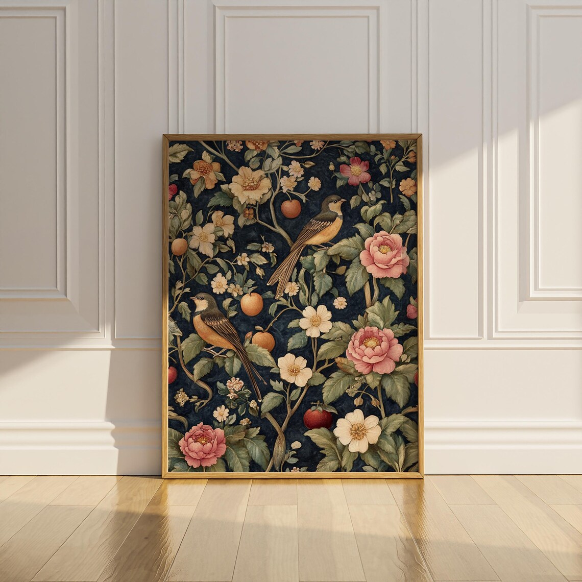 Songbirds and Blooming Garden Flowers Dark Vintage Botanical Poster - Image 3