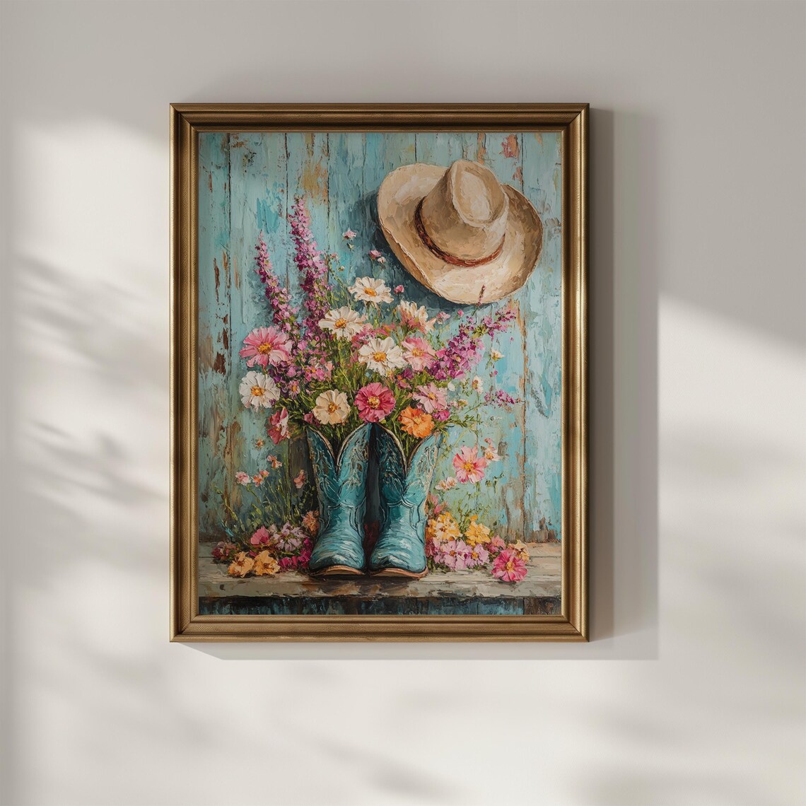 Teal Cowboy Boots With Wildflowers And Cowboy Hat Western Poster - Image 3