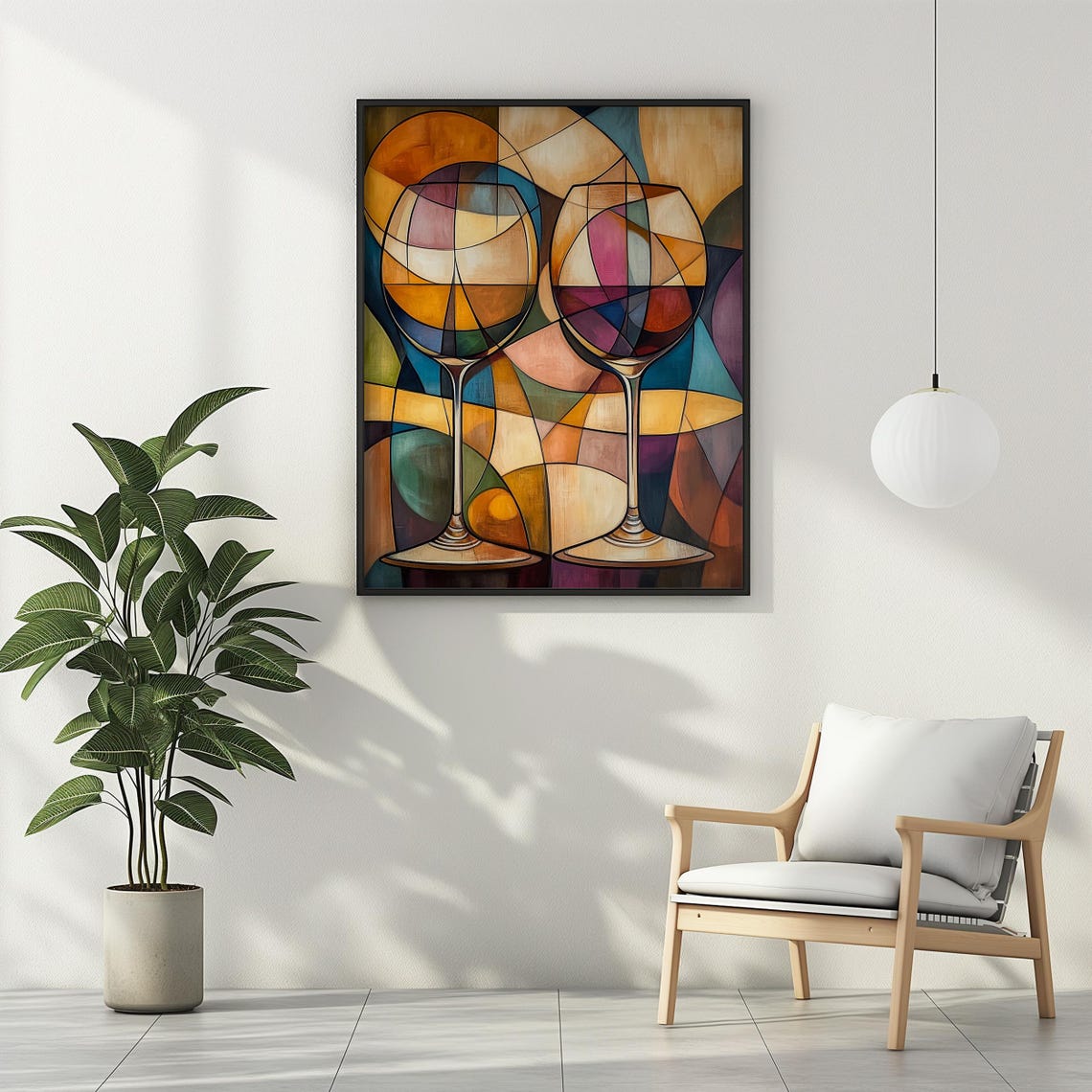 Rounded Mosaic Wine Glasses in Jewel Tone Cubist Style Poster - Image 3