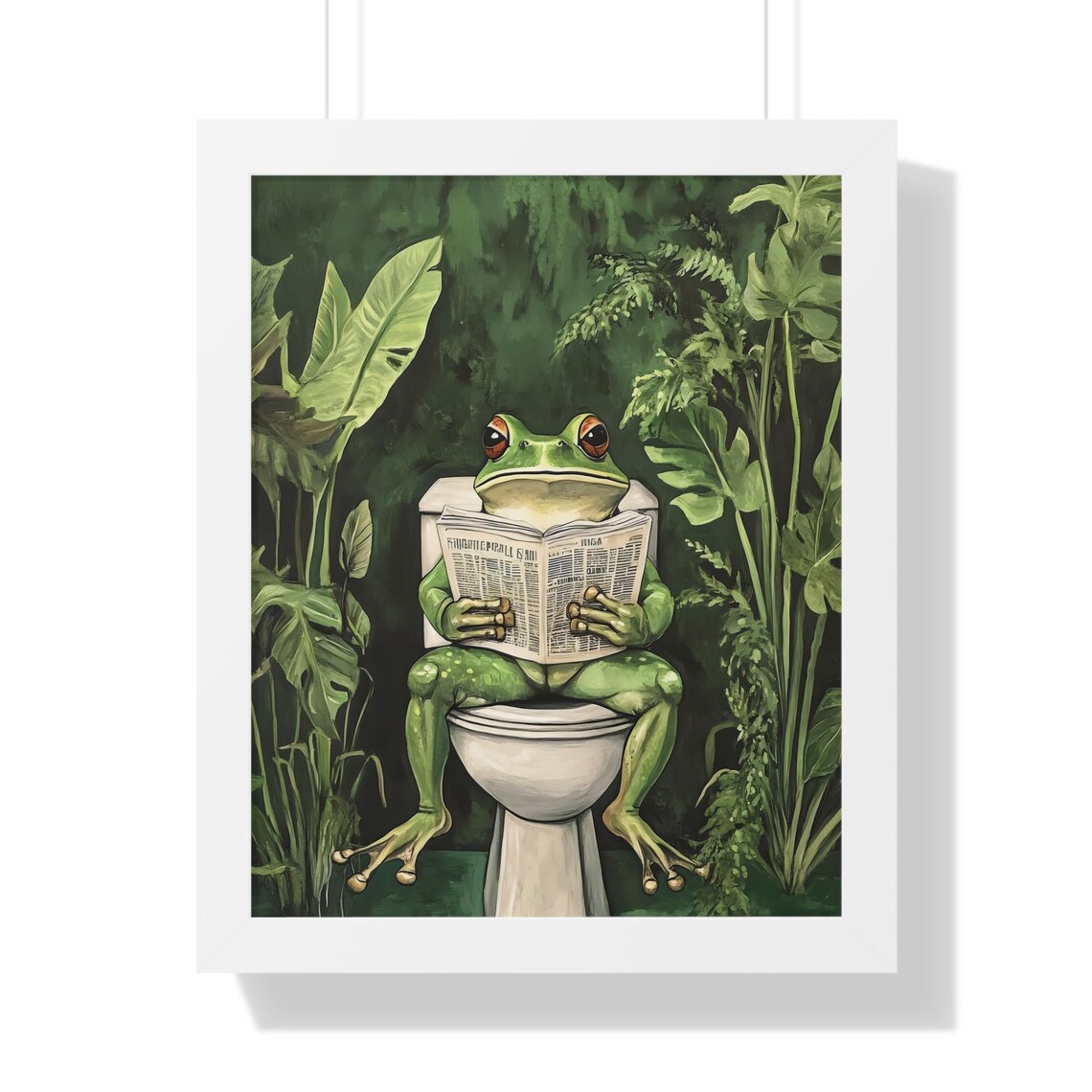 Green Frog With Big Red Eyes on Toilet Newspaper Dark Jungle Poster - Image 2