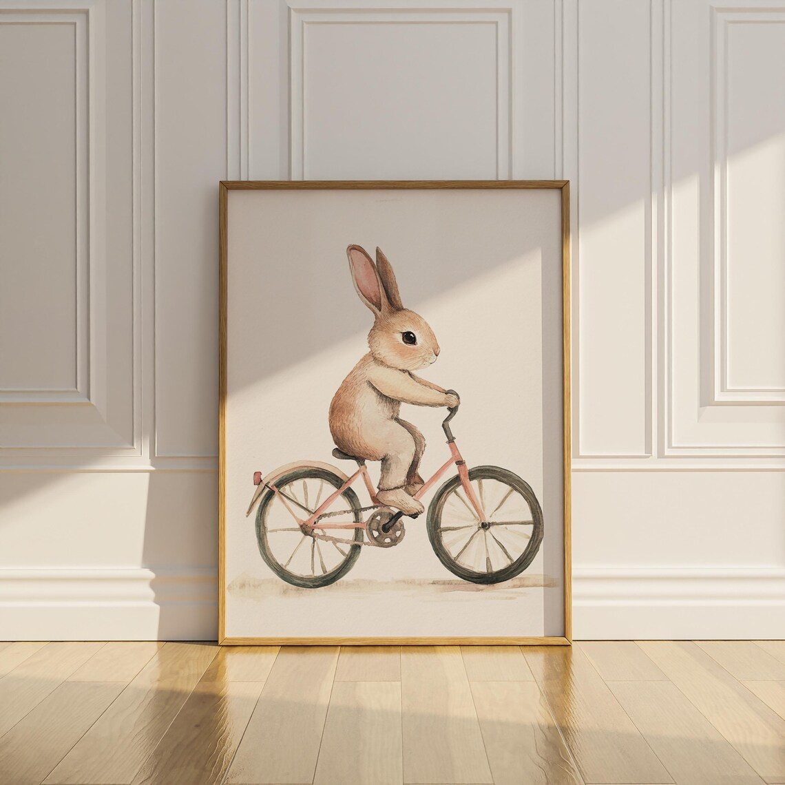 Bunny Riding Pink Bicycle Watercolor Nursery Kids Room Wall Poster - Image 3