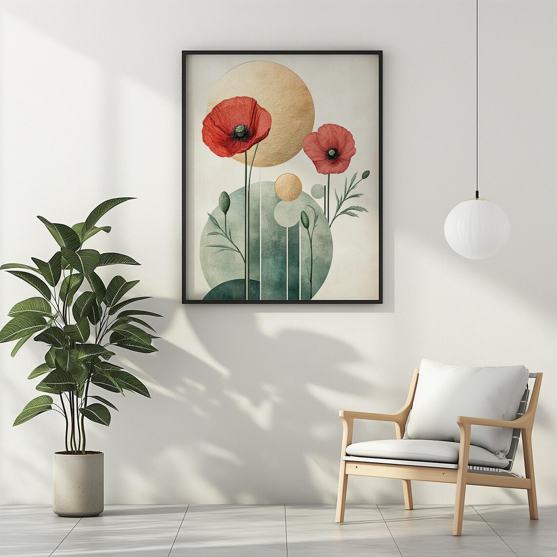 Red Poppy Flowers and Gold Sun Mid Century Modern Floral Poster - Image 3