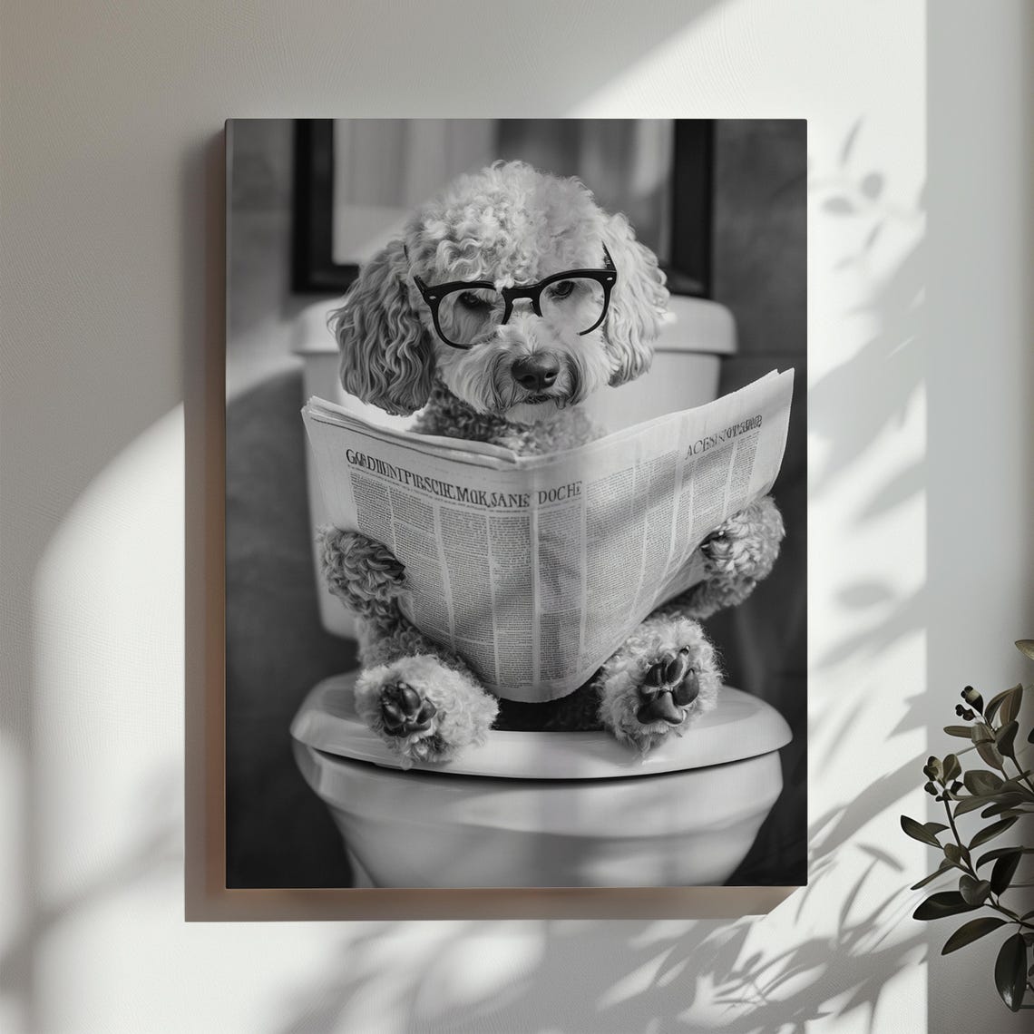 Funny Poodle Wearing Glasses Reading Newspaper on Toilet Photo Poster