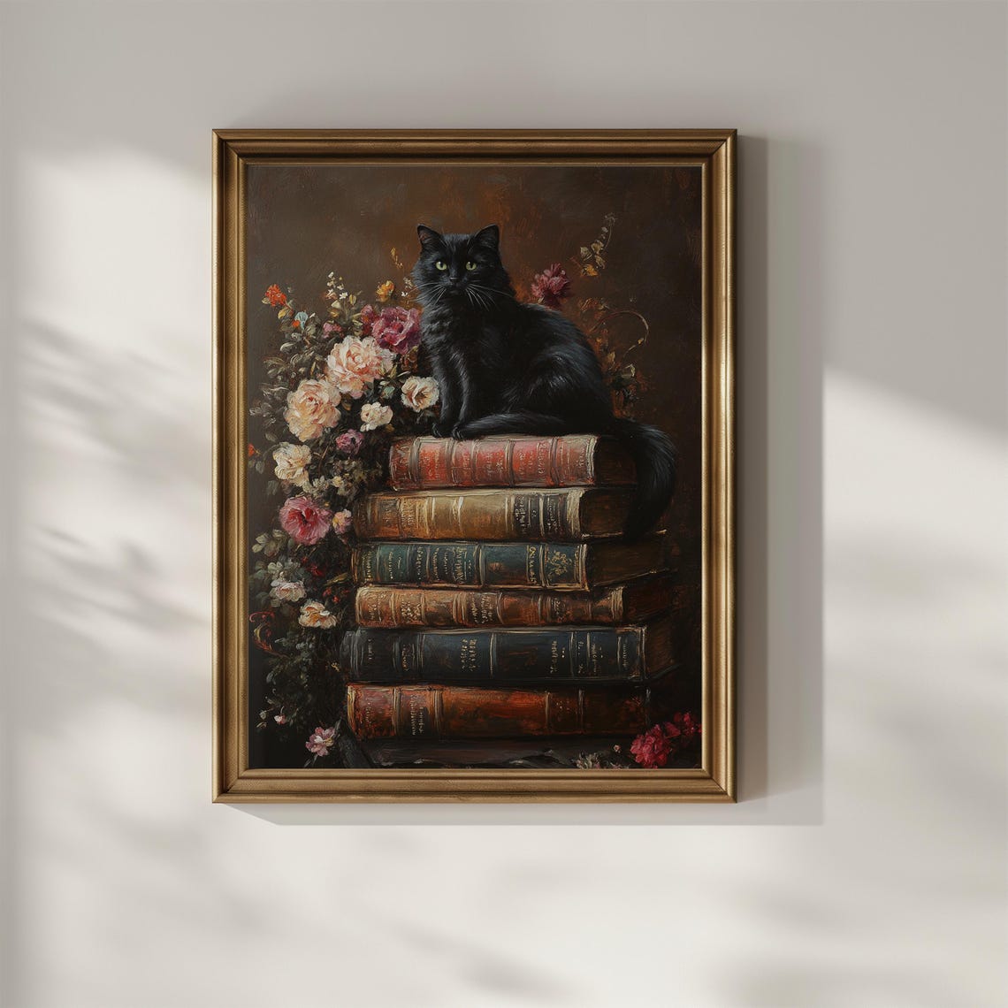 Black Cat Sitting on Antique Books with Roses Floral Art Poster - Image 3
