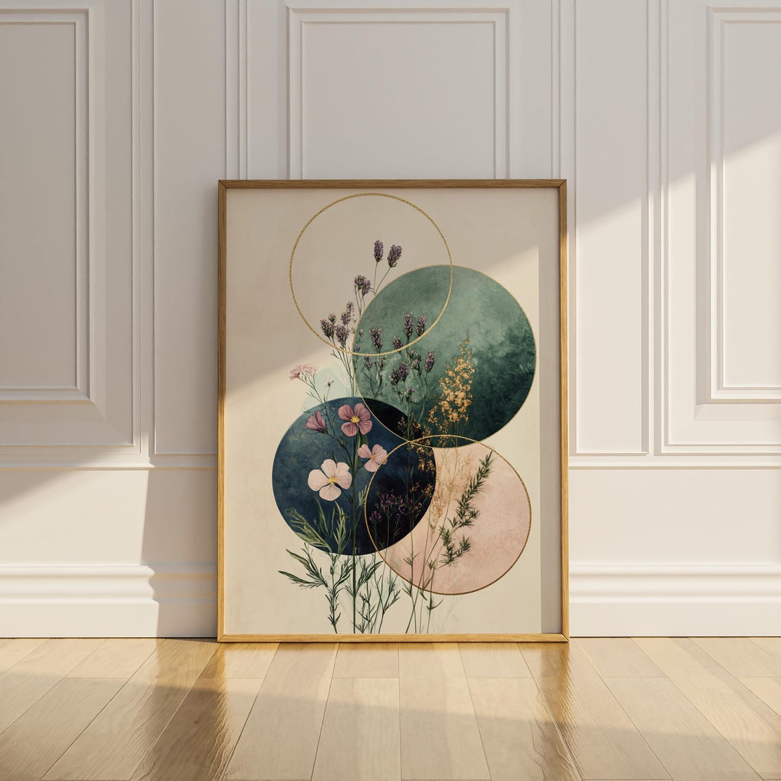 Wildflowers and Gold Ring Circles Modern Botanical Abstract Poster - Image 2