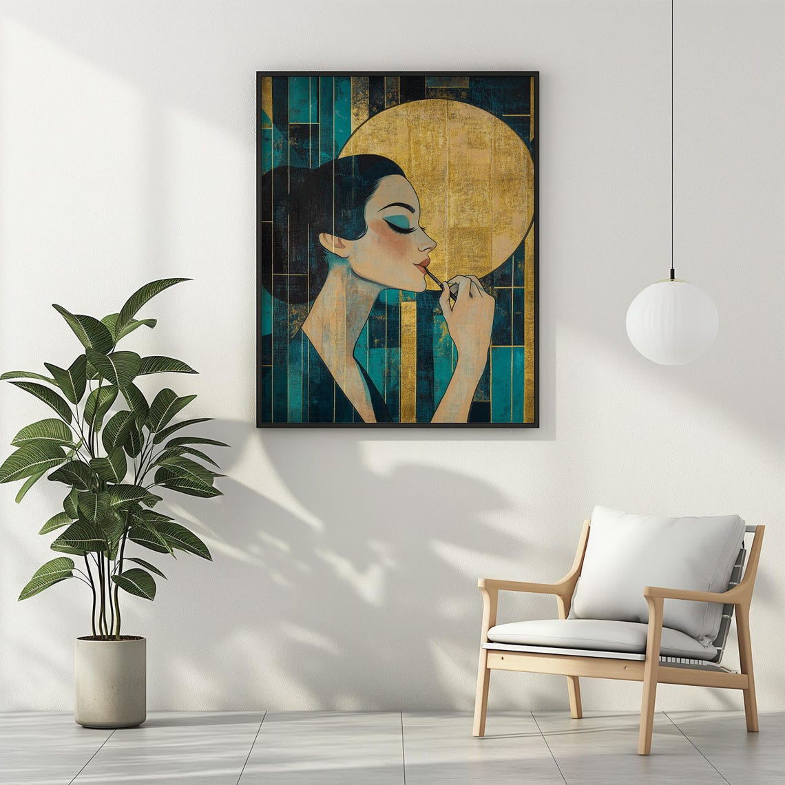 Art Deco Woman Applying Lipstick Under Golden Moon Portrait Poster - Image 3
