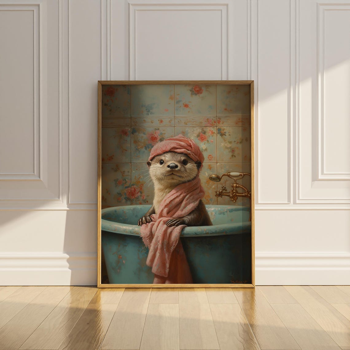 Sea Otter in Bathtub with Pink Towel Vintage Bathroom Wall Art - Image 3