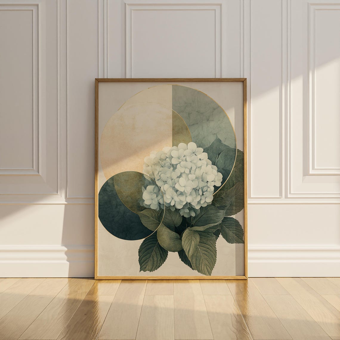 White Hydrangea Bloom and Golden Circles Modern Botanical Poster - Image 2