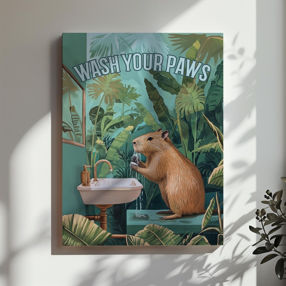 Wash Your Paws Capybara Bathroom Wall Decor Funny Capybara Wall Art Tropical Plant Botanical Toilet Sign Poster - Image 3