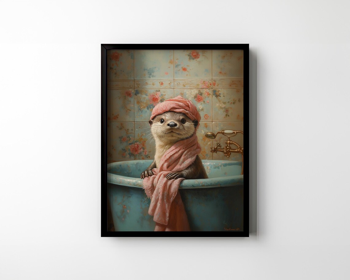Otter In Bathtub Vintage Floral Oil Painting - Image 2