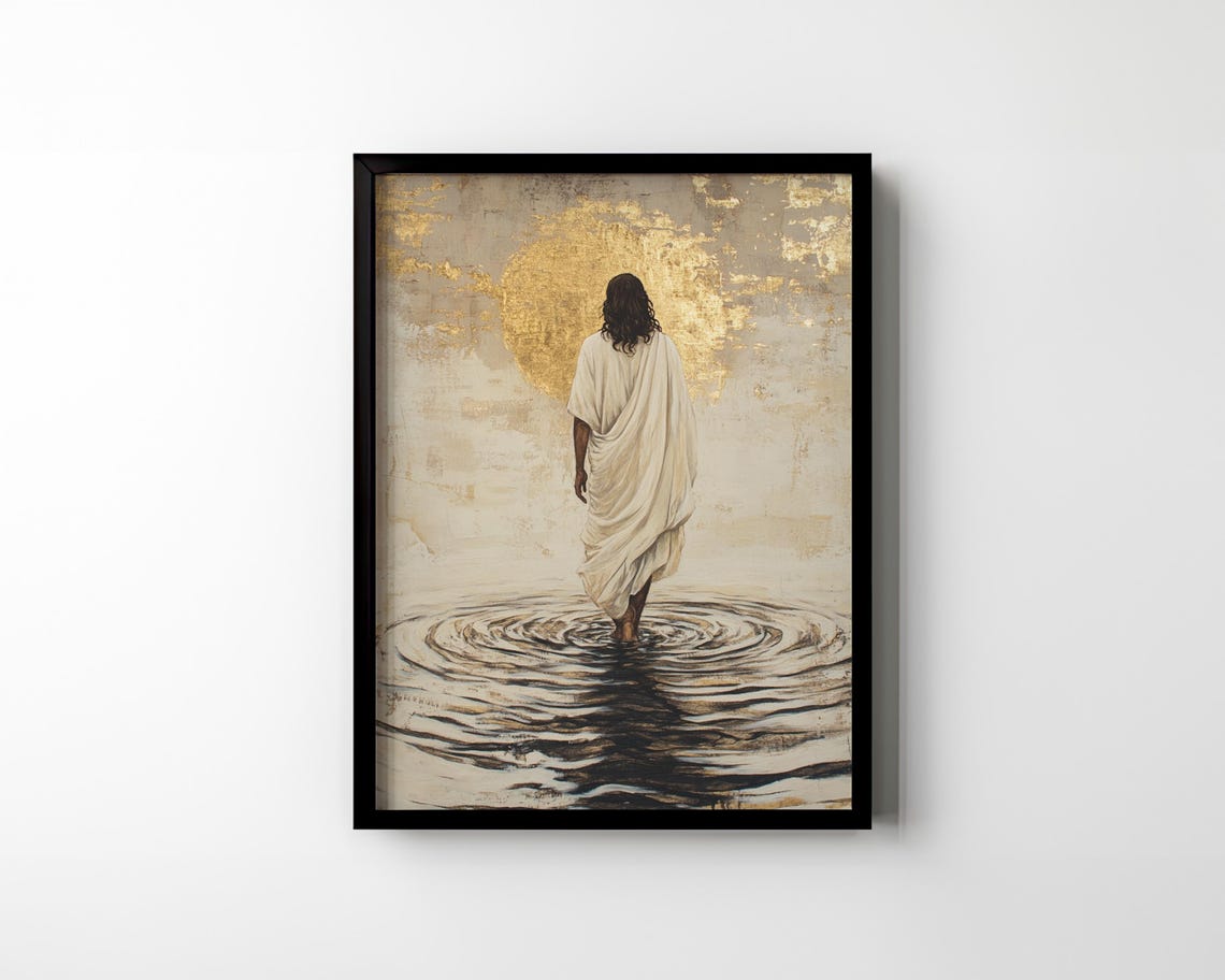 Jesus Christ Walking on Water Golden Light Serene Biblical Art Poster - Image 2