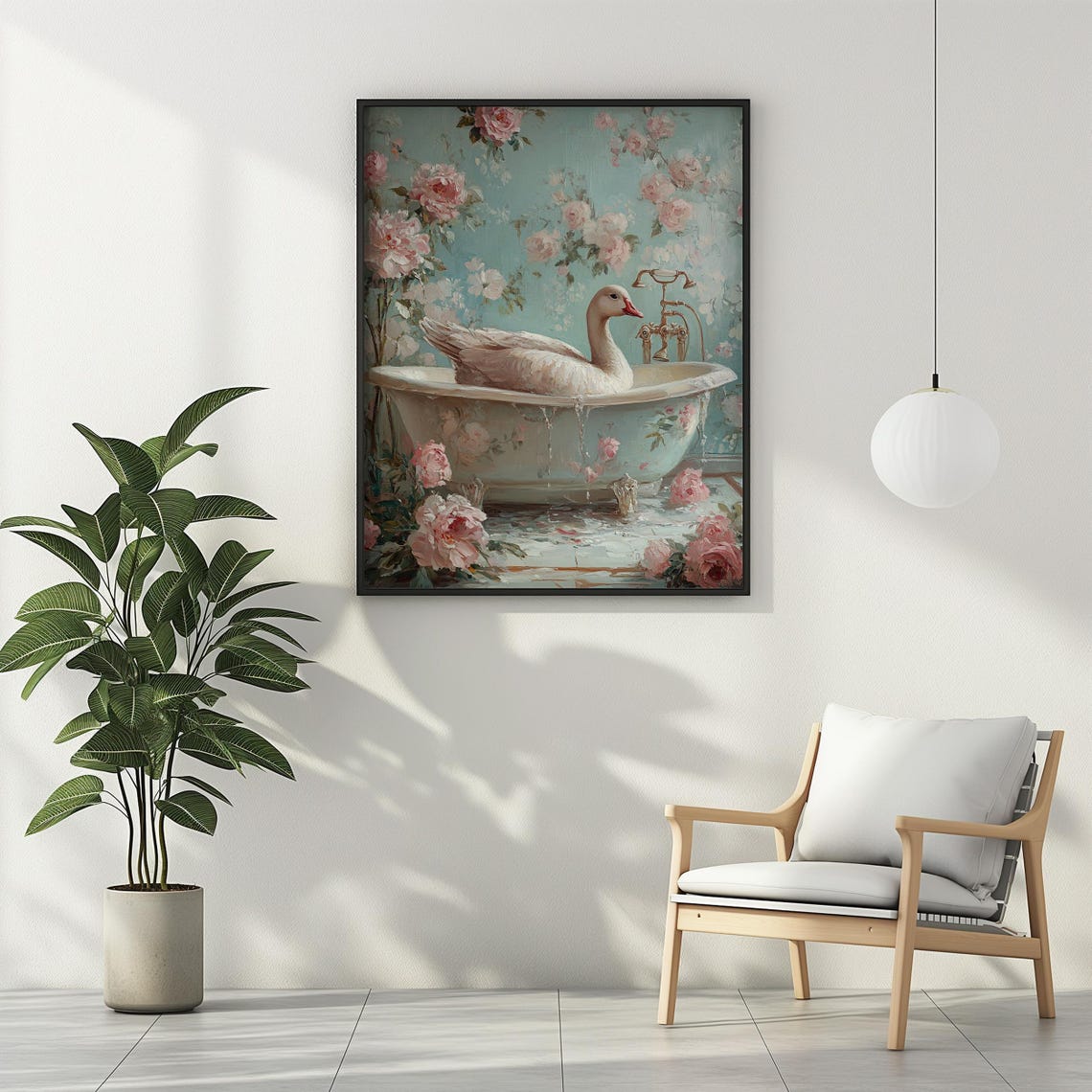 White Goose in a Floral Bathtub with Pink Roses Funny Art Poster - Image 2