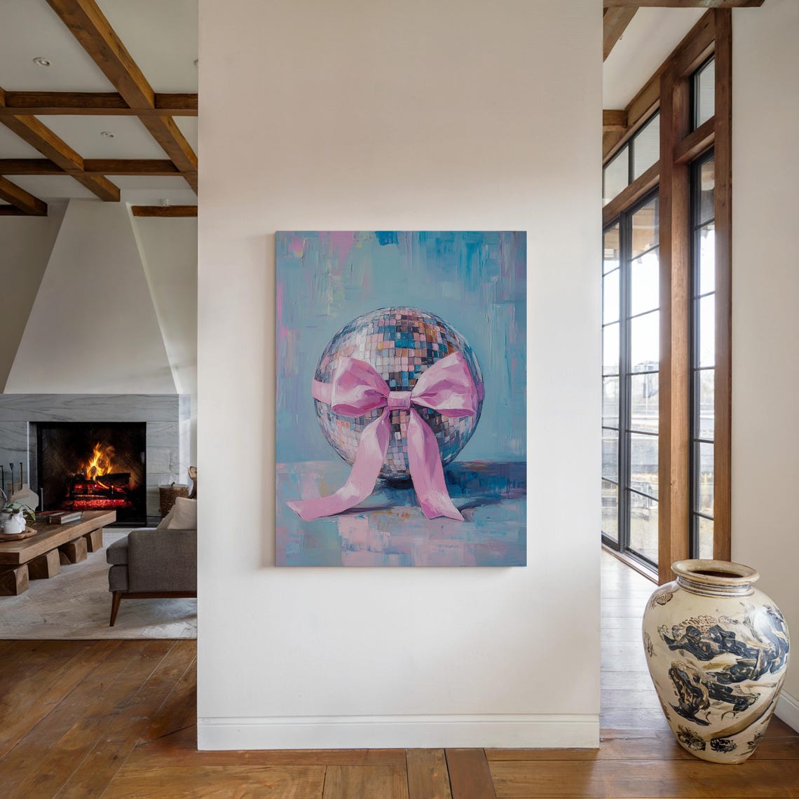 Disco Ball Wrapped With Pink Bow Glam Oil Painting Wall Art Poster - Image 2