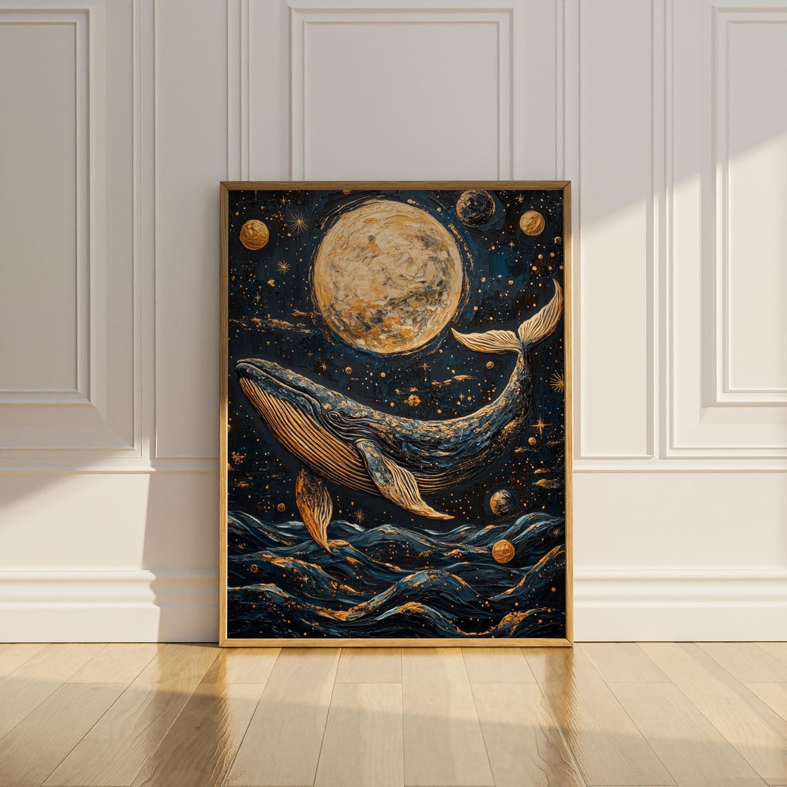 Flying Whale Under Full Moon Gold and Navy Starry Night Poster - Image 3