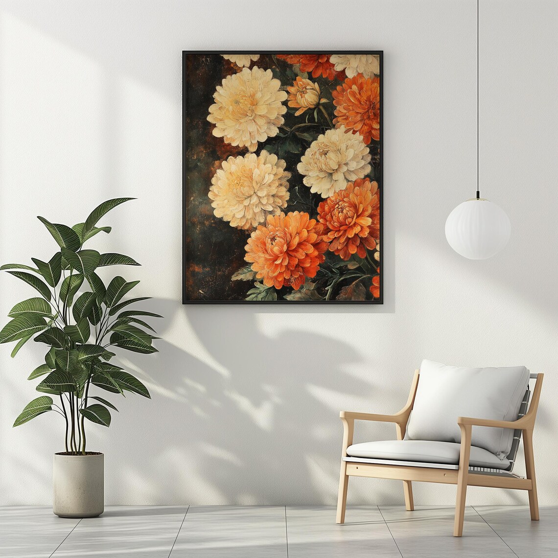 Vintage Chrysanthemum Blooms Cream Orange Dark Floral Oil Poster - Image 2