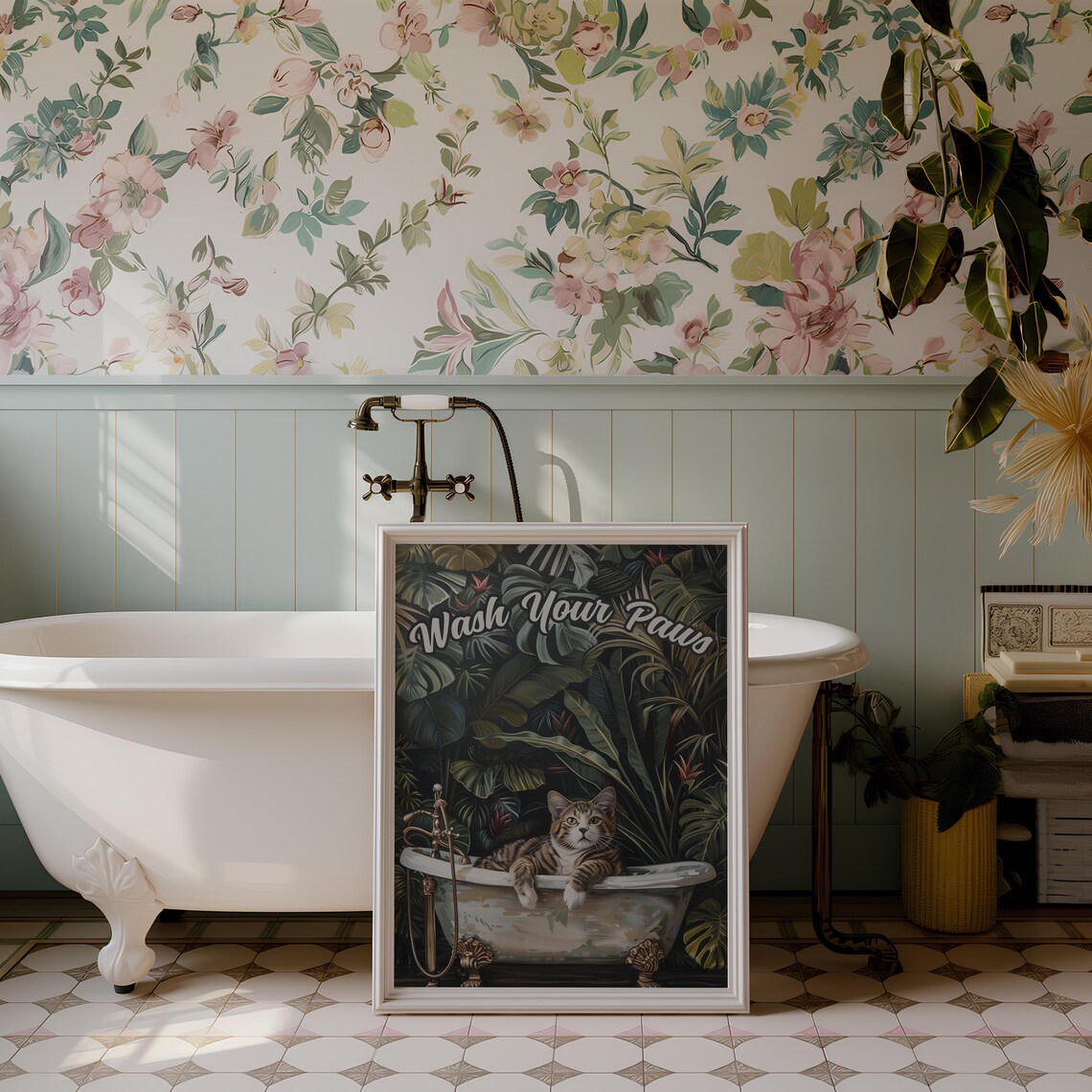 Wash Your Paws Tabby Cat in Vintage Bathtub Jungle Art Poster - Image 2