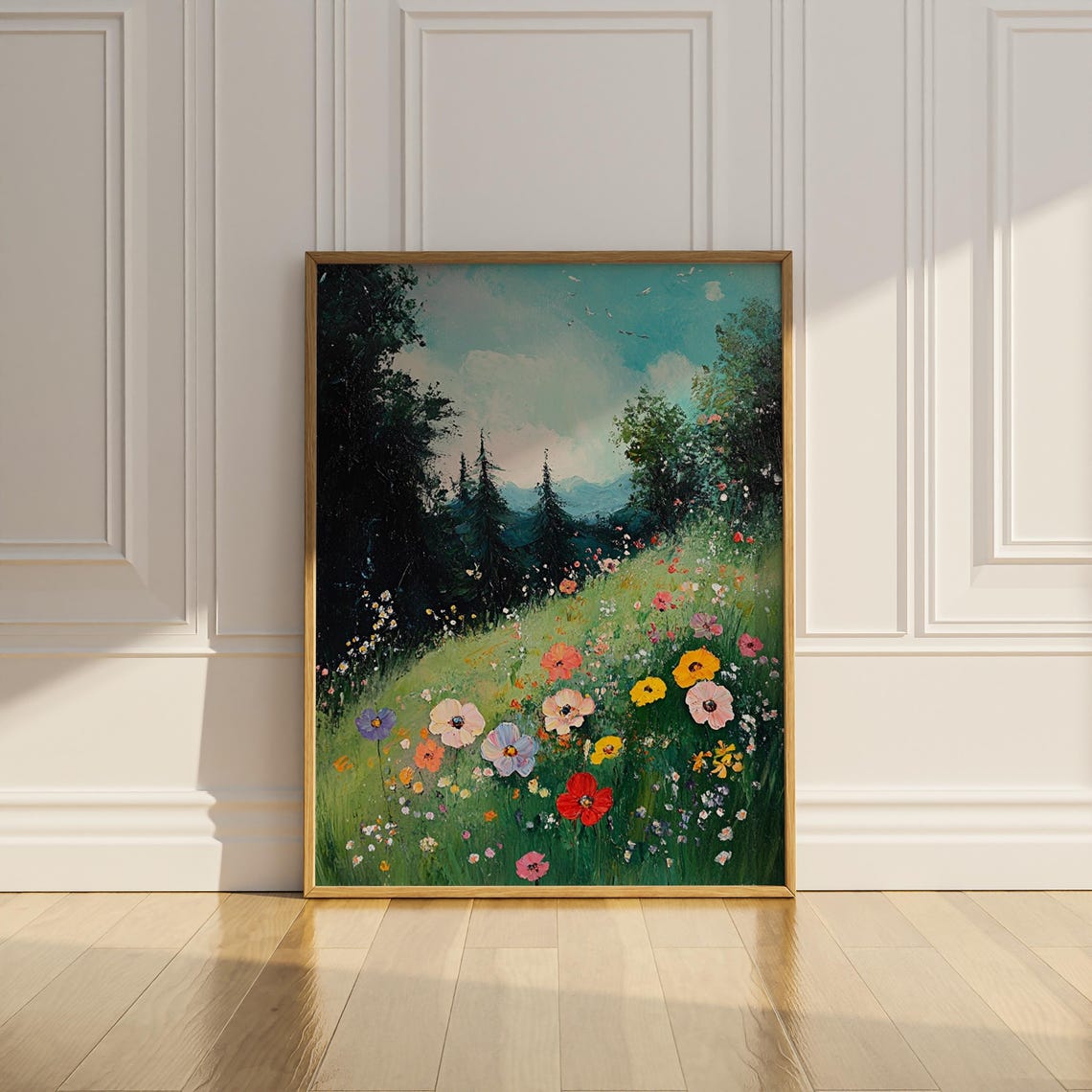 Colorful Wildflower Meadow Pine Mountain Summer Oil Painting Poster - Image 3