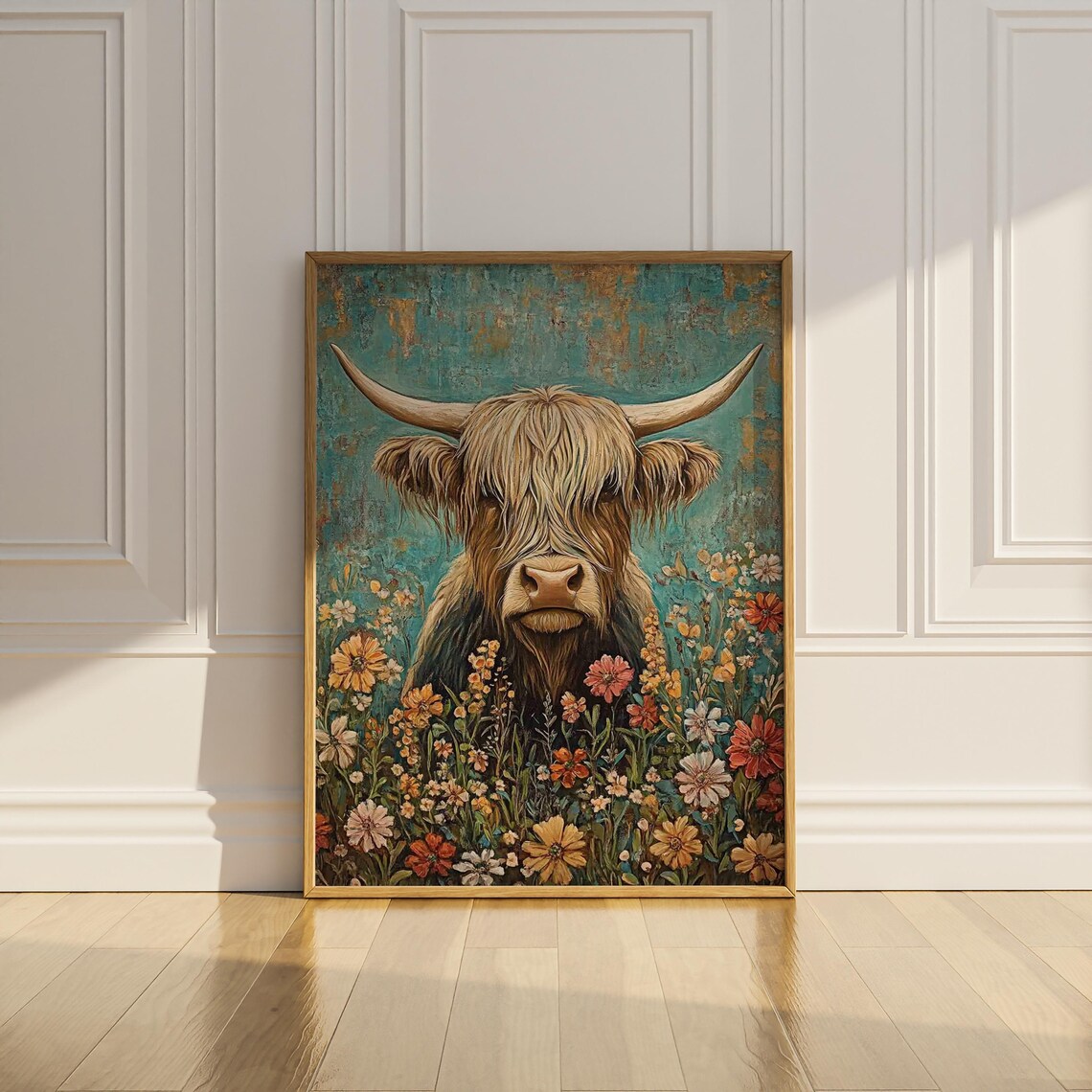 Highland Cow Wildflowers Poster Print Boho Style Vintage Wall Art Western Wall Decor Floral Oil Painting Farm Animal Gift Matte Poster - Image 3