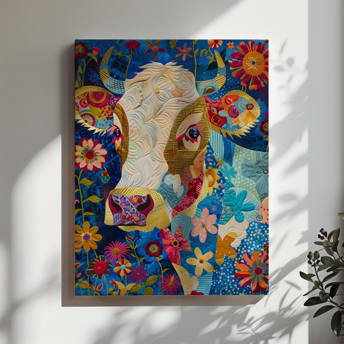 Colorful Patchwork Cow Floral Boho Style Folk Art Animal Poster - Image 2