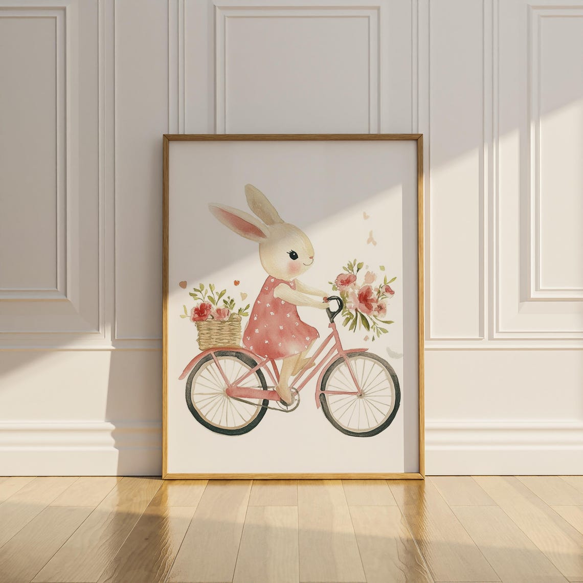Sweet Bunny Riding Pink Bicycle With Flowers Girls Room Art Poster - Image 3