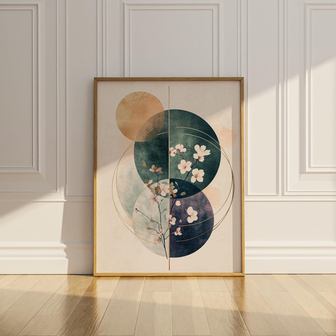 Cherry Blossom Branch Abstract Watercolor Circles With Gold Sun Poster - Image 2