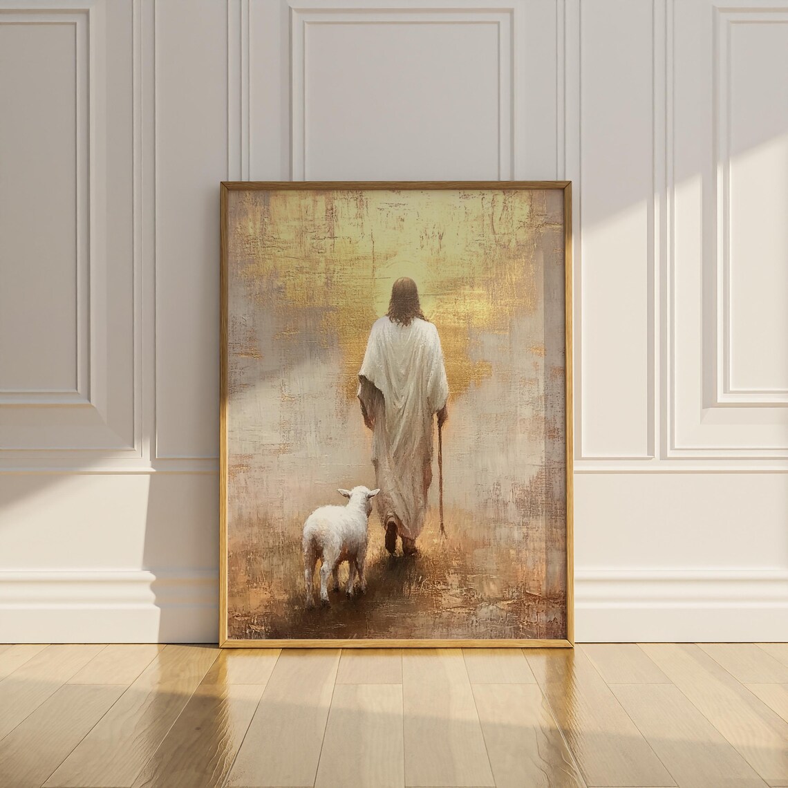 Jesus Walking with Little Lamb toward Glowing Golden Horizon Art Poster - Image 3