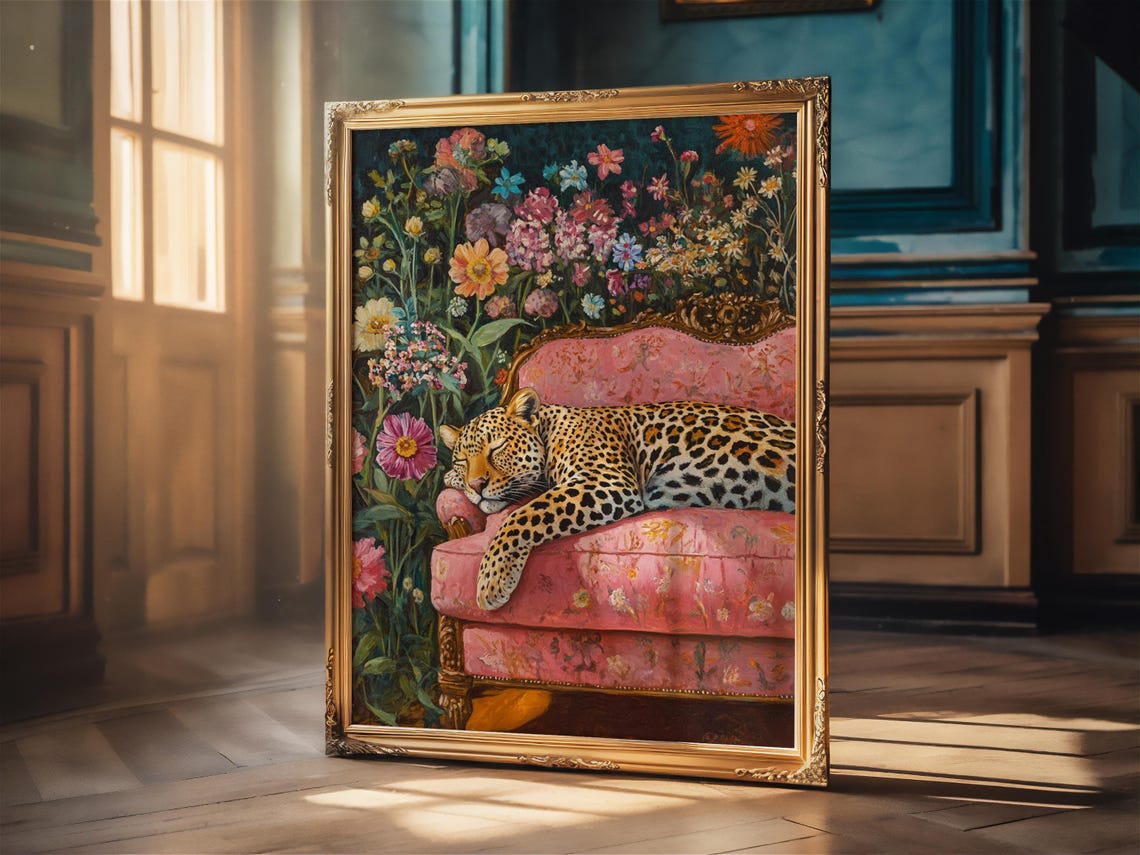 Leopard Napping on a Pink Sofa in a Wildflower Garden Poster - Image 2