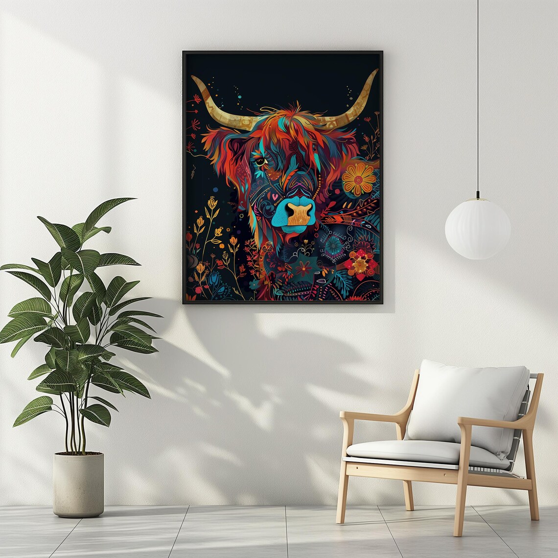 Colorful Highland Cow Folk Art Floral Portrait Black Night Poster - Image 3