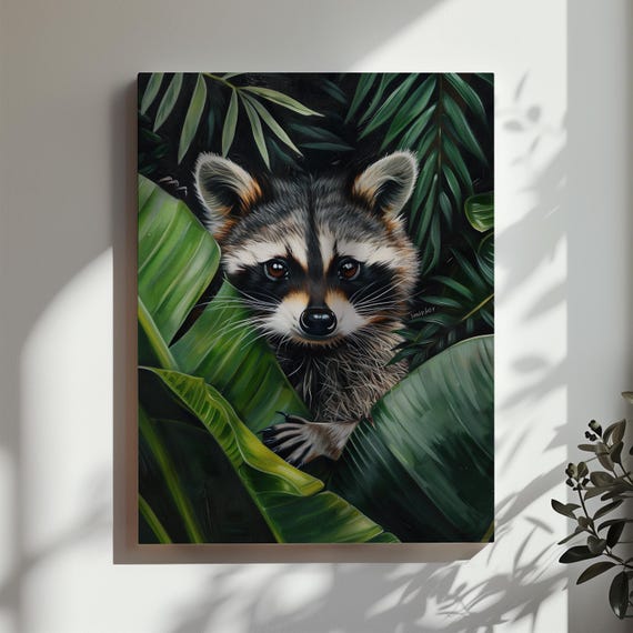 Raccoon Jungle Wall Decor Funny Raccoon Botanical Wall Art Tropical Plants Gift Idea Dark Green Bathroom Art