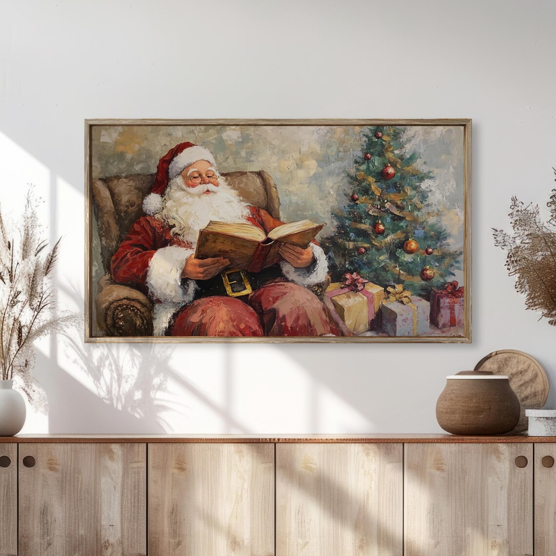 Santa Claus Reading Book by Christmas Tree Vintage Oil Painting Poster - Image 2