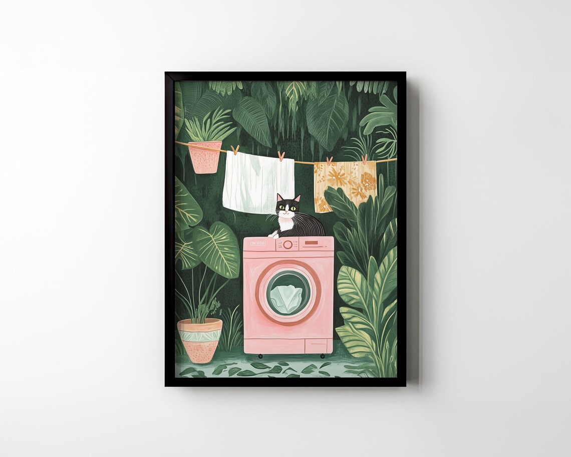 Funny Black Cat Laundry Room Art Print, Botanical - Image 2