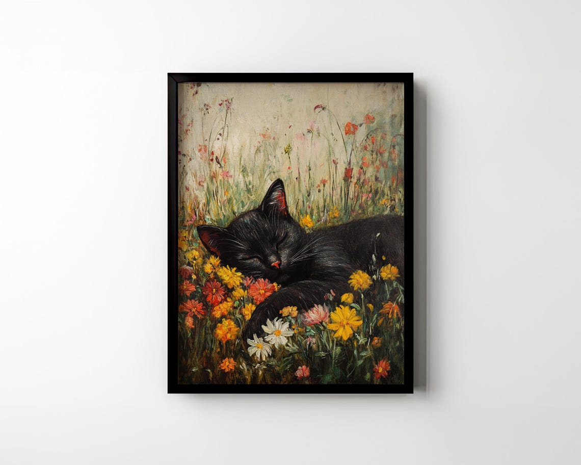 Black Cat Sleeping in a Field of Wildflowers Vintage Art Poster - Image 2