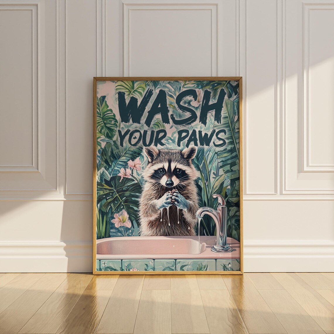Wash Your Paws Soapy Raccoon at Sink Tropical Floral Art Poster - Image 3