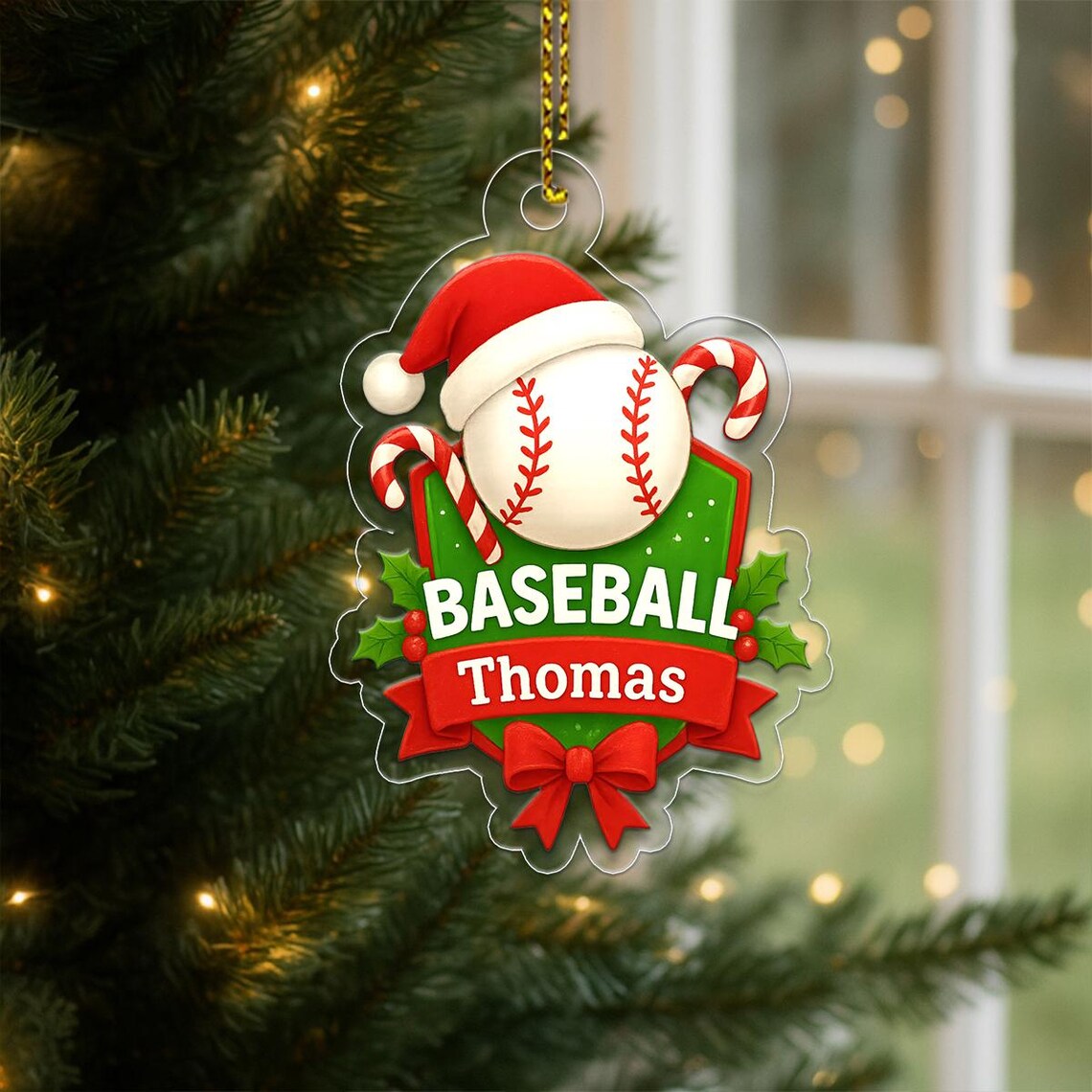 Personalized Baseball Christmas Ornament Custom Name Santa Hat Wall Art