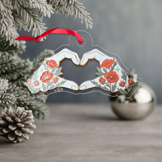Floral Heart Hands Ornament Print Red Ribbon Poppy Blossom Tree Decor