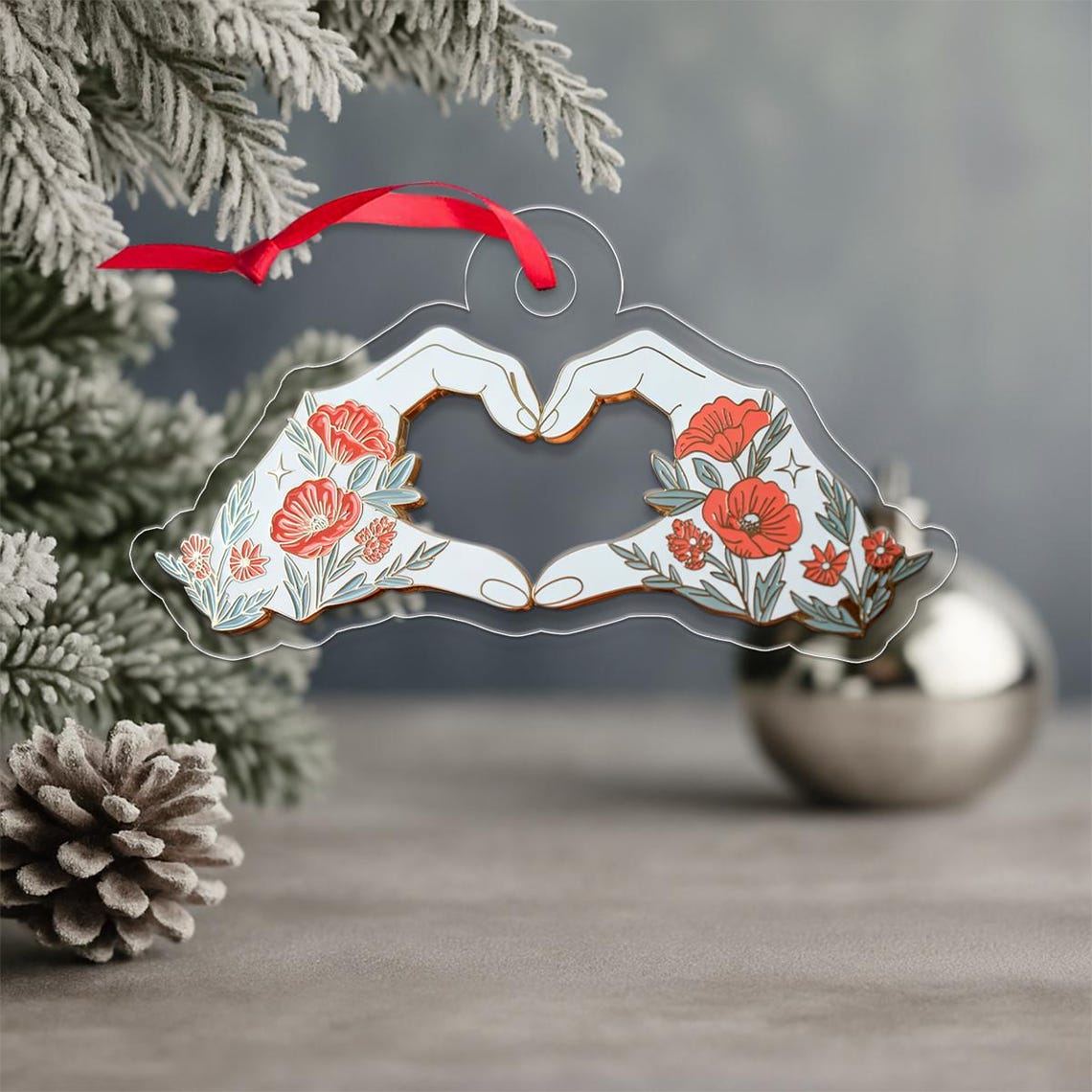 Floral Heart Hands Ornament Print Red Ribbon Poppy Blossom Tree Decor