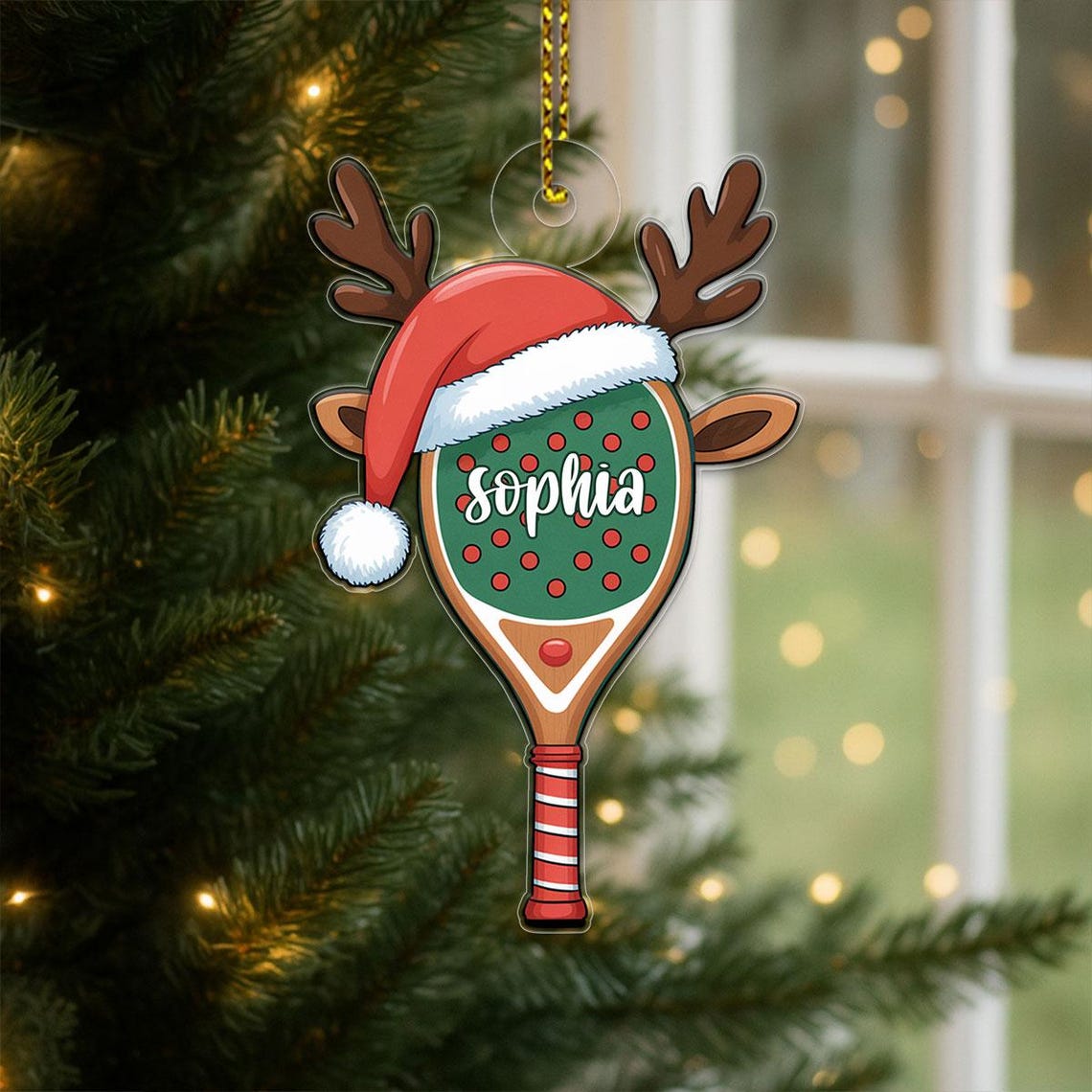 Personalized Pickleball Paddle Reindeer Santa Hat Name Art Print