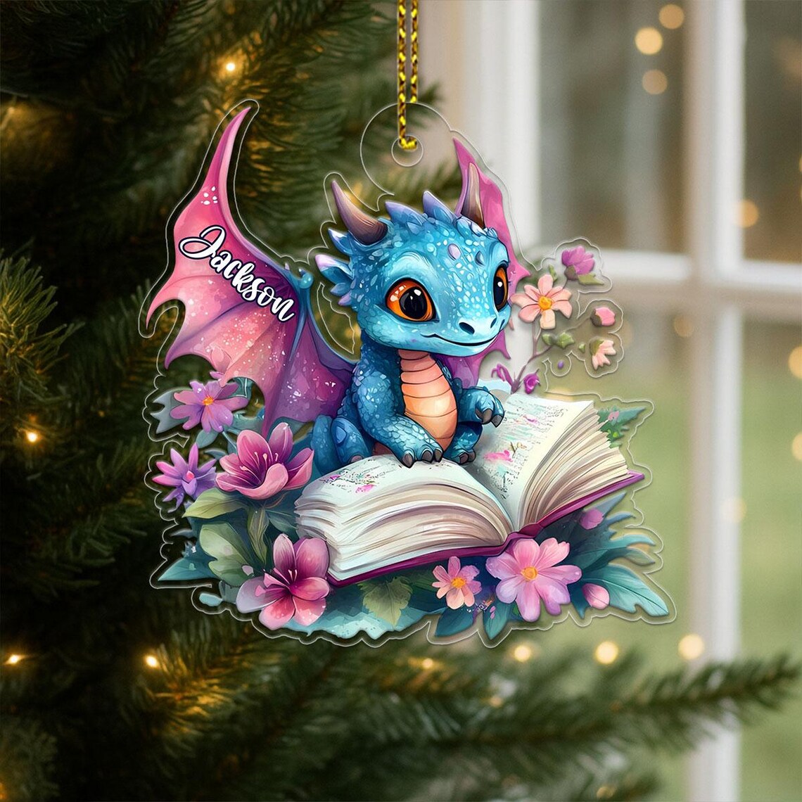 Personalized Blue Dragon Reading Book Christmas Ornament Art Print
