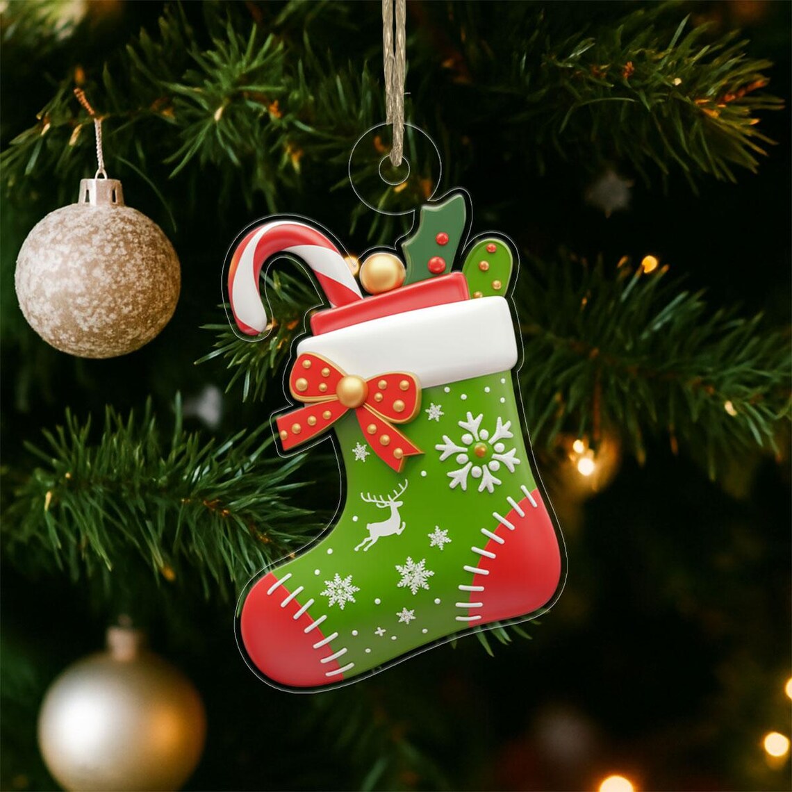 Festive Christmas Stocking Ornament Print Red Bow Reindeer Snowflake Design