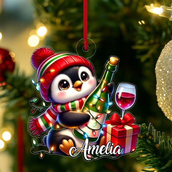 Penguin Wine Lover Christmas Ornament Custom Name Amelia Holiday Wall Art