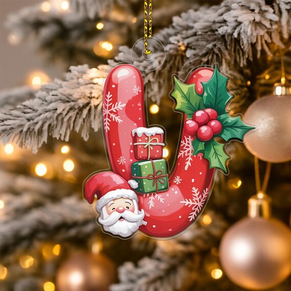 Personalized Letter J Santa Gifts Holly Christmas Ornament Print