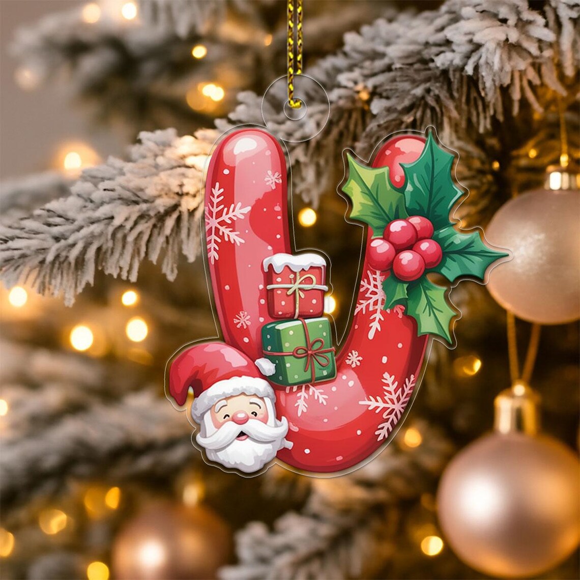 Personalized Letter J Santa Gifts Holly Christmas Ornament Print