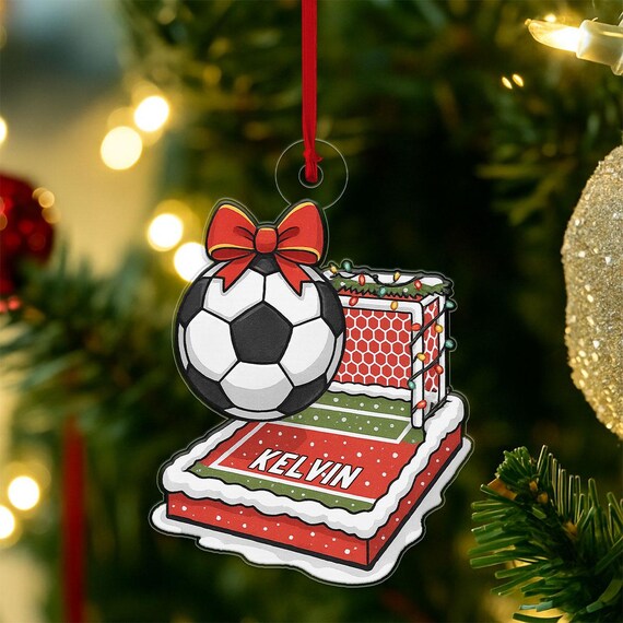 Custom Name Soccer Ball Goal Christmas Acrylic Ornament Print