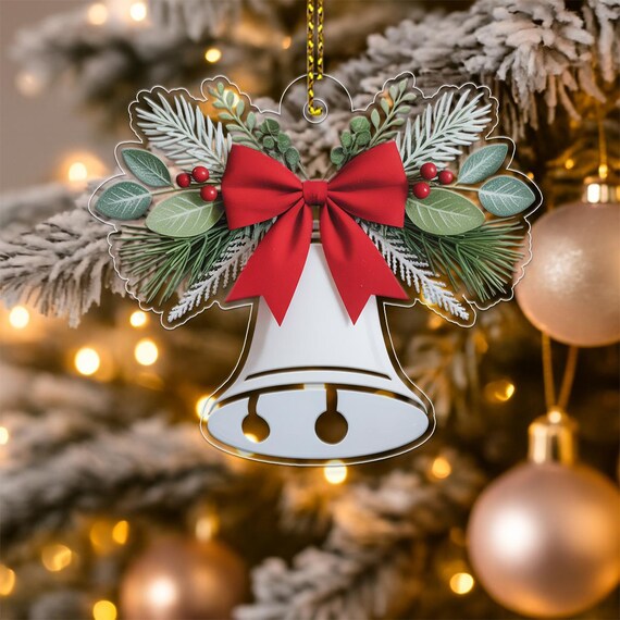 White Christmas Bell Red Bow Pine Acrylic Holiday Ornament Poster