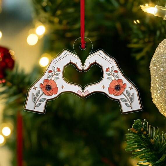Floral Heart Hands Ornament Print Red Ribbon Poppy Valentine Keepsake
