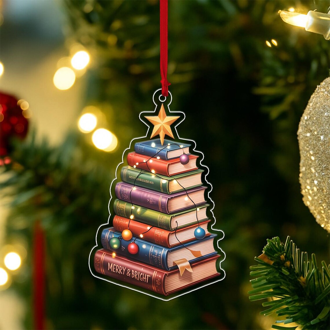 Book Stack Christmas Tree Ornament Merry & Bright Reader Holiday Wall Art